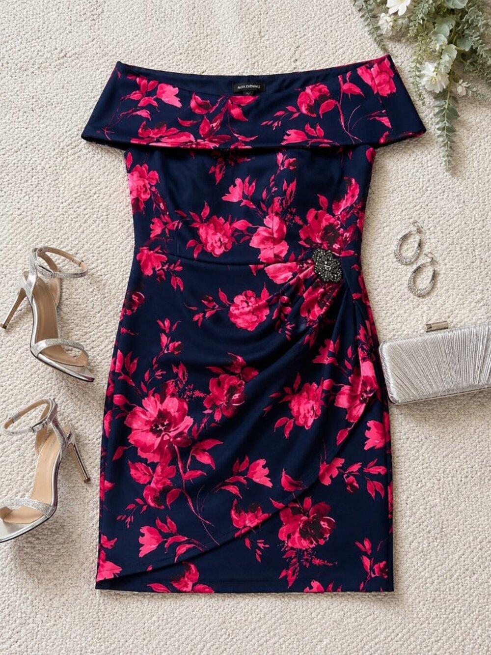 Alex Evenings Navy Fuchsia Floral Off Shoulder Sheath Dress 22W NWT